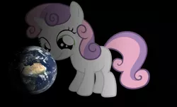Size: 1584x954 | Tagged: safe, artist:missbeigepony, derpibooru import, edit, sweetie belle, pony, unicorn, collage, earth, female, filly, macro, mega sweetie belle, pony bigger than a planet, smiling, solo