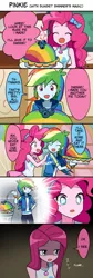 Size: 690x2047 | Tagged: safe, artist:ryuu, derpibooru import, pinkie pie, rainbow dash, equestria girls, equestria girls series, secrets and pies, clothes, comic, equestria girls interpretation, female, food, geode of empathy, hairband, japanese, jewelry, necklace, pie, pinkamena diane pie, scene interpretation, skirt, this will end in tears, this will end in tears and/or death, translation, translation request, trash can