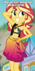 Size: 600x1196 | Tagged: safe, derpibooru import, edit, edited screencap, screencap, sunset shimmer, equestria girls, equestria girls series, forgotten friendship, adorasexy, and nopony can stop me, belly button, clothes, cute, image macro, meme, sexy, sunset selfie, swimsuit