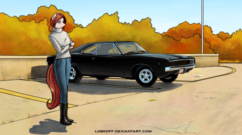 Size: 2373x1320 | Tagged: anthro, anthro oc, artist:apocheck13, autumn, boots, car, clothes, derpibooru import, dodge charger, female, jeans, mare, muscle car, oc, pants, plantigrade anthro, safe, shoes, solo, turtleneck sweater, unofficial characters only