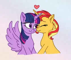 Size: 558x475 | Tagged: safe, alternate version, artist:snowstoat, derpibooru import, sunset shimmer, twilight sparkle, twilight sparkle (alicorn), alicorn, cute, eyes closed, female, gradient background, heart, lesbian, nuzzling, shimmerbetes, shipping, smiling, sunsetsparkle, twiabetes