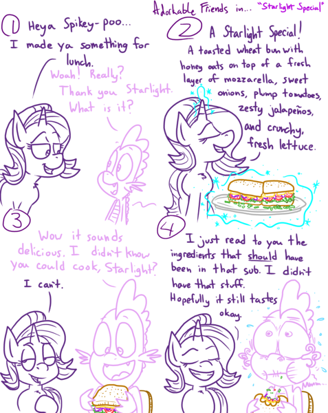 Size: 4779x6013 | Tagged: safe, artist:adorkabletwilightandfriends, derpibooru import, spike, starlight glimmer, dragon, pony, unicorn, comic:adorkable twilight and friends, absurd resolution, adorkable friends, comic, expression, food, hoagie, humor, lineart, magic, sandwich, slice of life, special, sub sandwich