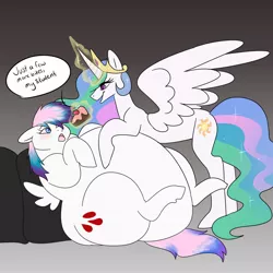 Size: 1280x1280 | Tagged: suggestive, artist:chinscruff, derpibooru import, princess celestia, oc, bedroom eyes, cake, dialogue, fat, feedee, feeder, feeding, food, glowing horn, gradient background, huge belly, magic, morbidly obese, obese, spread wings, stuffed, stuffing, telekinesis, tongue out, wings