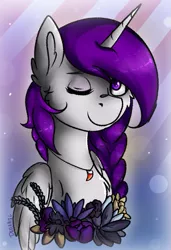 Size: 597x872 | Tagged: alicorn, bust, cute, dagongarres, derpibooru import, flower, gray, oc, oc:windy gearwhisperer, purple hair, safe