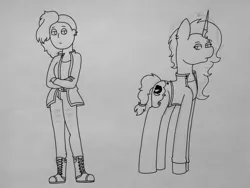 Size: 1600x1200 | Tagged: safe, artist:midnightamber, derpibooru import, oc, oc:midnight, alicorn, human, pony, alicorn oc, belt, boots, clothes, crossed arms, duo, ear piercing, earring, female, jacket, jeans, jewelry, leather jacket, lineart, mare, pants, piercing, punk, self insert, shaved head, shoes, sidecut, sketch, undercut