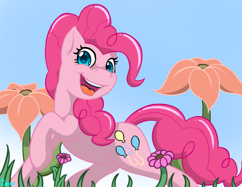 Size: 792x612 | Tagged: safe, artist:edgarkingmaker, derpibooru import, pinkie pie, female, flower, fun, happy, shiny