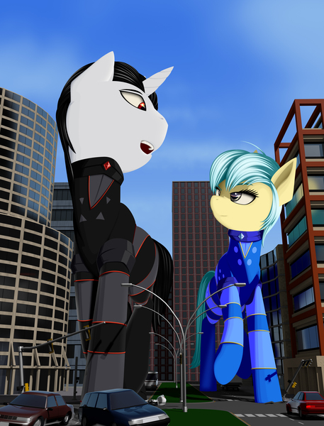 Size: 2400x3150 | Tagged: safe, artist:styroponyworks, derpibooru import, oc, oc:hot rod, oc:ultramare, unofficial characters only, pony, building, car, city, clothes, commission, giant pony, giant unicorn, macro, open mouth, street, suit, vehicle, walking