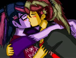 Size: 6600x5042 | Tagged: safe, artist:takrontoxicity, derpibooru import, sci-twi, sunset shimmer, twilight sparkle, equestria girls, absurd resolution, alternate costumes, alternate hairstyle, clothes, eyes closed, female, glasses, kissing, lesbian, rocker, scitwishimmer, shipping, sunsetsparkle, traditional art