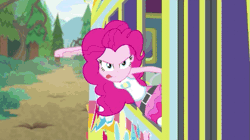 Size: 589x329 | Tagged: safe, derpibooru import, edit, screencap, pinkie pie, wallflower blush, equestria girls, equestria girls series, road trippin, abuse, animated, bust, candy, clothes, explosion, female, food, forest, funny, geode of sugar bombs, grenade, implied death, magical geodes, pants, parody, road, shoes, tree branch, wallflowerbuse