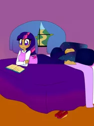 Size: 1944x2592 | Tagged: artist:galaxiedream, barefoot, bed, book, clothes, derpibooru import, feet, female, flats, human, humanized, mary janes, reading, safe, shoes, solo, twilight sparkle