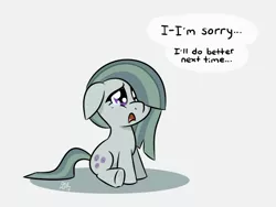 Size: 600x450 | Tagged: artist:glimglam, crying, derpibooru import, dialogue, floppy ears, gray background, hair over one eye, marble pie, open mouth, sad, safe, simple background, sitting, solo