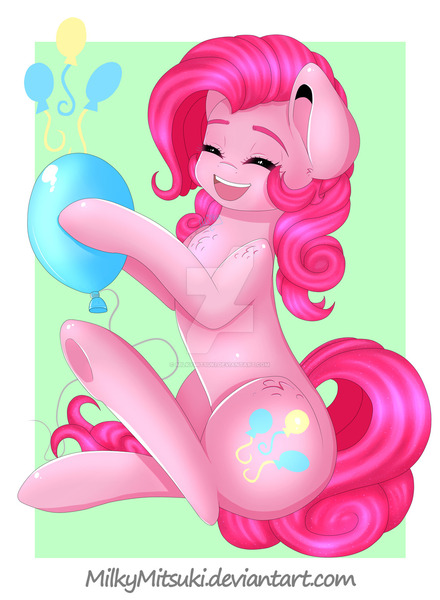 Size: 1024x1396 | Tagged: safe, artist:milkymitsuki, derpibooru import, pinkie pie, earth pony, pony, balloon, female, happy, mare, smiling, solo, underhoof, watermark