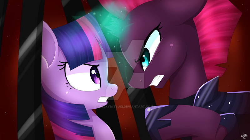 Size: 1024x576 | Tagged: artist:milkymitsuki, cage, derpibooru import, magic, my little pony: the movie, open up your eyes, safe, scene interpretation, tempest shadow, twilight sparkle, watermark