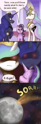 Size: 1000x3000 | Tagged: safe, artist:kysimon, derpibooru import, princess celestia, princess luna, starlight glimmer, alicorn, pony, unicorn, banishment, comic, female, glowing eyes, glowing eyes of doom, mare, moon, red eyes, swapped cutie marks, sweat, sweatdrop, the emperor's new groove, to the moon