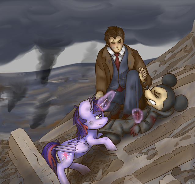 Size: 2405x2261 | Tagged: alicorn, artist:kysimon, black coat, blood, crossover, crying, derpibooru import, disney, doctor who, human, injured, kingdom hearts, magic, mega crossover, mickey mouse, sad, semi-grimdark, tenth doctor, twilight sparkle, twilight sparkle (alicorn), worried