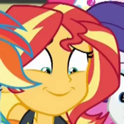 Size: 290x291 | Tagged: safe, derpibooru import, screencap, sunset shimmer, equestria girls, equestria girls series, forgotten friendship, cropped, faic, smiling