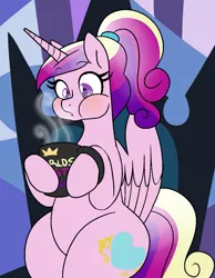 Size: 985x1269 | Tagged: safe, artist:/d/non, derpibooru import, princess cadance, alicorn, pony, alternate hairstyle, female, mare, mug, ponytail, sitting, solo, steam, throne