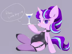 Size: 1929x1447 | Tagged: suggestive, artist:1drfl_world_end, derpibooru import, starlight glimmer, pony, unicorn, alcohol, clothes, dialogue, female, garter belt, leotard, solo, solo female, stockings, thigh highs, tongue out