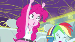 Size: 614x344 | Tagged: safe, derpibooru import, screencap, pinkie pie, rainbow dash, equestria girls, equestria girls series, road trippin, animated, crazy face, faic, gif, party hard, pinkie being pinkie, truck, vibrating