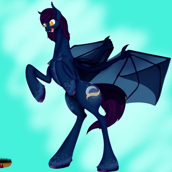 Size: 2000x2000 | Tagged: safe, artist:bevendre, derpibooru import, oc, oc:midnight oil, bat pony, bad anatomy, bat pony oc, horse brush, small head, tall