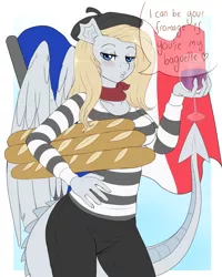 Size: 2000x2500 | Tagged: anthro, anthro oc, artist:evomanaphy, beret, bread, derpibooru import, dialogue, dracony, female, flirting, food, french, glass, hat, hybrid, looking at you, mare, oc, oc:ardana, safe, solo, speech bubble, unofficial characters only, wine glass