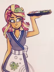 Size: 1224x1632 | Tagged: safe, artist:artomicmuffin, derpibooru import, sunset shimmer, eqg summertime shorts, equestria girls, good vibes, apron, clothes, female, food, happi, serving tray, simple background, smiling, solo, sunset sushi, uniform, white background