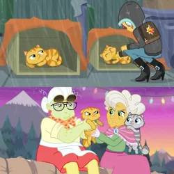 Size: 1920x1920 | Tagged: safe, derpibooru import, derp cat, goldie delicious, granny smith, sunset shimmer, cat, eqg summertime shorts, equestria girls, equestria girls series, monday blues, road trippin, backpack, boots, box, female, high heel boots, lemon squeezy, rain, shawl, shoes, sunglasses