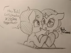 Size: 2592x1944 | Tagged: safe, artist:ratiodaze, derpibooru import, oc, oc:ratio daze, oc:yodi, pegasus, pony, unicorn, black and white, blushing, clothes, dialogue, gay, glasses, grayscale, hoodie, male, monochrome, pencil drawing, traditional art