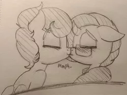 Size: 2592x1944 | Tagged: safe, artist:ratiodaze, derpibooru import, oc, oc:ratio daze, oc:yodi, pegasus, pony, unicorn, black and white, blushing, gay, grayscale, kissing, male, monochrome, pencil drawing, traditional art