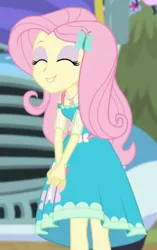 Size: 305x487 | Tagged: safe, derpibooru import, screencap, fluttershy, equestria girls, equestria girls series, road trippin, cropped, cute, eyes closed, female, geode of fauna, magical geodes, shyabetes, solo