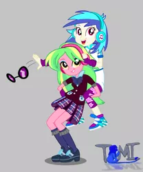 Size: 2500x3000 | Tagged: safe, artist:tommychipmunk, derpibooru import, lemon zest, vinyl scratch, equestria girls, clothes, female, glasses, gray background, headphones, leggings, lemonscratch, lesbian, looking at you, open mouth, shipping, shoes, simple background, smiling, sneakers, sunglasses