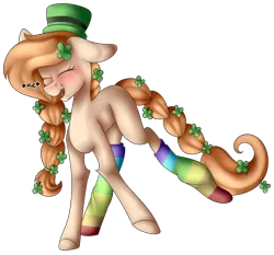 Size: 2134x1989 | Tagged: safe, derpibooru import, oc, earth pony, pony, blushing, braid, braided tail, clothes, clover, eyes closed, female, floppy ears, four leaf clover, full body, hat, mare, rainbow socks, simple background, smiling, socks, solo, striped socks, top hat, transparent, transparent background, unbalanced