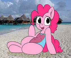 Size: 1280x1050 | Tagged: suggestive, artist:pabbley, derpibooru import, pinkie pie, earth pony, pony, clothes, colored, cute, diapinkes, female, frontal-mesh swimsuit, irl, looking at you, mare, one-piece swimsuit, open mouth, photo, ponies in real life, simple background, solo, solo female, swimsuit, waving