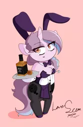 Size: 2640x4000 | Tagged: suggestive, artist:fullmetalpikmin, derpibooru import, oc, oc:love scene, unofficial characters only, anthro, plantigrade anthro, unicorn, alcohol, bipedal, both cutie marks, breasts, bunny ears, bunny suit, chest fluff, clothes, cuffs (clothes), female, makeup, milf, mother, older, signature, solo, solo female, tray