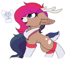 Size: 1837x1687 | Tagged: artist:brokensilence, butterfly, clothes, cute, cute little fangs, deer pony, derpibooru import, fangs, happy, oc, oc:lunar dreams, open mouth, original species, safe, scarf, simple background, socks, solo, transparent background