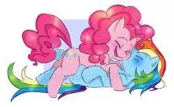 Size: 3548x2165 | Tagged: safe, artist:drawbauchery, derpibooru import, pinkie pie, rainbow dash, earth pony, pegasus, pony, blushing, cute, dashabetes, diapinkes, female, kissing, lesbian, pinkiedash, shipping, watermark