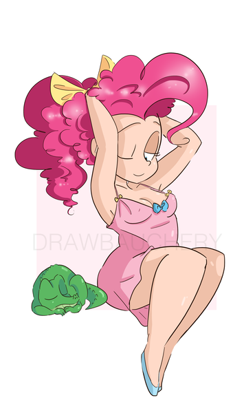 Size: 2189x3704 | Tagged: armpits, artist:drawbauchery, bow, breasts, chubby, cleavage, clothes, cute, derpibooru import, diapinkes, female, flats, gummy, human, humanized, lingerie, morning ponies, nightgown, one eye closed, pinkie pie, simple background, slippers, solo, suggestive, watermark, white background