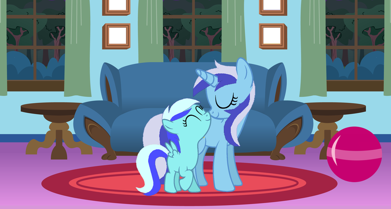 Size: 9900x5300 | Tagged: safe, artist:sky gamer, derpibooru import, minuette, oc, oc:minty gamer, pegasus, pony, unicorn, absurd resolution, ball, couch, female, filly, mare, mother and daughter, nose rub, offspring, parent:minuette, parent:oc:sky gamer, parents:canon x oc, rug