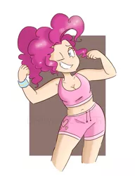 Size: 2317x3017 | Tagged: artist:drawbauchery, belly button, breasts, cal arts, cleavage, clothes, derpibooru import, female, flexing, human, humanized, lidded eyes, looking at you, one eye closed, pinkie pie, safe, shorts, smiling, solo, sports bra, watermark, wink, wristband