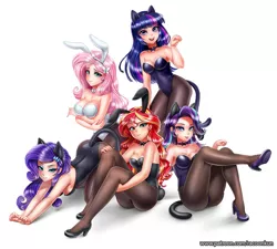 Size: 1100x989 | Tagged: suggestive, artist:racoonsan, derpibooru import, fluttershy, rarity, starlight glimmer, sunset shimmer, twilight sparkle, human, equestria girls, :p, all fours, animal costume, ass, bare shoulders, behaving like a cat, blushing, bowtie, breasts, bunny ears, bunny suit, bunny tail, bunnyshy, bunset shimmer, busty fluttershy, busty rarity, busty starlight glimmer, busty sunset shimmer, busty twilight sparkle, cat ears, cat tail, cleavage, clothes, costume, dimples of venus, eyelashes, eyeshadow, female, females only, glimmer glutes, high heels, humanized, kneeling, leotard, light skin, looking at you, makeup, open mouth, pantyhose, patreon, pinup, playboy bunny, quartet, quintet, raised arm, raised eyebrow, raised leg, raricat, rearity, sexy, shadow, shoes, sideass, simple background, sitting, smiling, standing, stretching, stupid sexy fluttershy, stupid sexy rarity, stupid sexy starlight glimmer, stupid sexy sunset shimmer, stupid sexy twilight, tail, tongue out, underass, white background