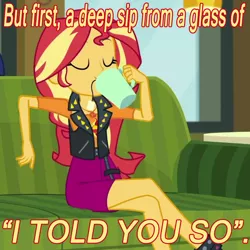 Size: 1024x1024 | Tagged: safe, artist:alphamonouryuuken, derpibooru import, screencap, sunset shimmer, equestria girls, equestria girls series, text support, caption, cyoa, drink, geode of empathy, i told you so, image macro, magical geodes, meme, rick and morty, smug, solo, text support: sunset shimmer