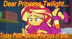 Size: 1024x565 | Tagged: suggestive, derpibooru import, edit, edited screencap, screencap, sunset shimmer, equestria girls, equestria girls series, forgotten friendship, bed, bedroom eyes, book, caption, image macro, implied anal, implied flash sentry, implied flashimmer, implied sex, implied shipping, implied straight, meme, solo
