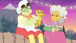 Size: 1280x720 | Tagged: safe, derpibooru import, screencap, derp cat, goldie delicious, granny smith, cat, equestria girls, equestria girls series, road trippin, clothes, dress, female, grumpy cat, lemon squeezy, shawl