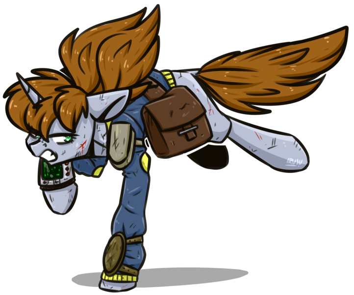 Size: 2723x2262 | Tagged: safe, artist:lrusu, derpibooru import, oc, oc:littlepip, pony, unicorn, fallout equestria, fanfic, blood, bruised, clothes, fanfic art, female, floppy ears, hooves, horn, mare, pipbuck, saddle bag, simple background, solo, teeth, transparent background, vault suit