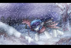 Size: 4411x3000 | Tagged: safe, artist:fkk, derpibooru import, oc, oc:frostyhurst, unofficial characters only, bat pony, bat pony oc, blizzard, clothes, cutie mark, forest, male, scarf, snow, snowfall, solo, stallion, tree, wings, winter, wood