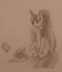 Size: 1331x1536 | Tagged: safe, artist:mah521, derpibooru import, twilight sparkle, twilight sparkle (alicorn), oc, oc:midnight moon, alicorn, pony, alternate hairstyle, blanket, book, female, grayscale, magic, mare, monochrome, ponytail, pregnant, sleeping, traditional art