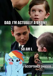 Size: 423x600 | Tagged: blushing, blush sticker, brony, cute, derpibooru import, father and son, funny, human, impact font, johnny depp, male, meme, rainbow dash, safe, so awesome
