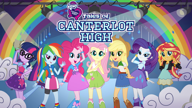 Size: 2560x1440 | Tagged: safe, derpibooru import, official, applejack, fluttershy, pinkie pie, rainbow dash, rarity, sci-twi, sunset shimmer, twilight sparkle, dance magic, equestria girls, spoiler:eqg specials, belt, boots, bowtie, bracelet, clothes, compression shorts, cowboy hat, denim skirt, equestria girls logo, geode of empathy, geode of fauna, geode of shielding, geode of sugar bombs, geode of super speed, geode of super strength, geode of telekinesis, glasses, hairpin, happy, hat, high heel boots, humane seven, jacket, jewelry, leather jacket, magical geodes, mary janes, netflix, official art, ponytail, rainbow, shirt, shoes, skirt, smiling, socks, spotlight, stetson, tales of canterlot high, tanktop, wristband