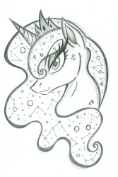 Size: 1298x1942 | Tagged: safe, artist:rossmaniteanzu, derpibooru import, princess luna, pony, bust, constellation, ethereal mane, female, grayscale, mare, monochrome, pencil drawing, portrait, simple background, sketch, solo, starry mane, traditional art, white background