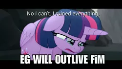 Size: 3643x2048 | Tagged: safe, derpibooru import, edit, edited screencap, screencap, twilight sparkle, twilight sparkle (alicorn), alicorn, equestria girls, my little pony: the movie, leak, crying, forced meme, meme, no i can't i ruined everything, solo